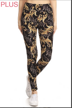 Plus Size Gold & Silver Paisley Swirl Print Leggings on Black Background
