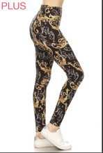 Plus Size Gold & Silver Paisley Swirl Print Leggings on Black Background