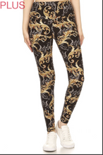 Plus Size Gold & Silver Paisley Swirl Print Leggings on Black Background