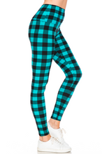 One Size Black and Teal Plaid Print Leggings