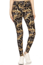 One Size Gold & Silver Paisley Swirl Print Leggings on Black Background