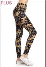 Plus Size Gold & Silver Paisley Swirl Print Leggings on Black Background