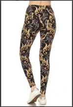 One Size Gold & Silver Paisley Swirl Print Leggings on Black Background