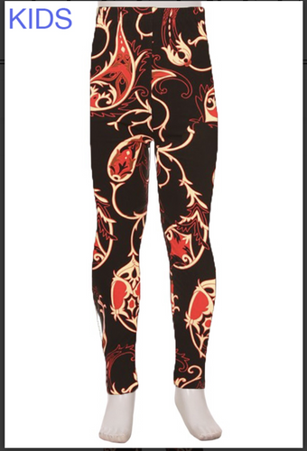 Kids Red and Gold Paisley Print Leggings