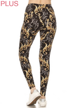 Plus Size Gold & Silver Paisley Swirl Print Leggings on Black Background