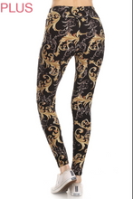 Plus Size Gold & Silver Paisley Swirl Print Leggings on Black Background