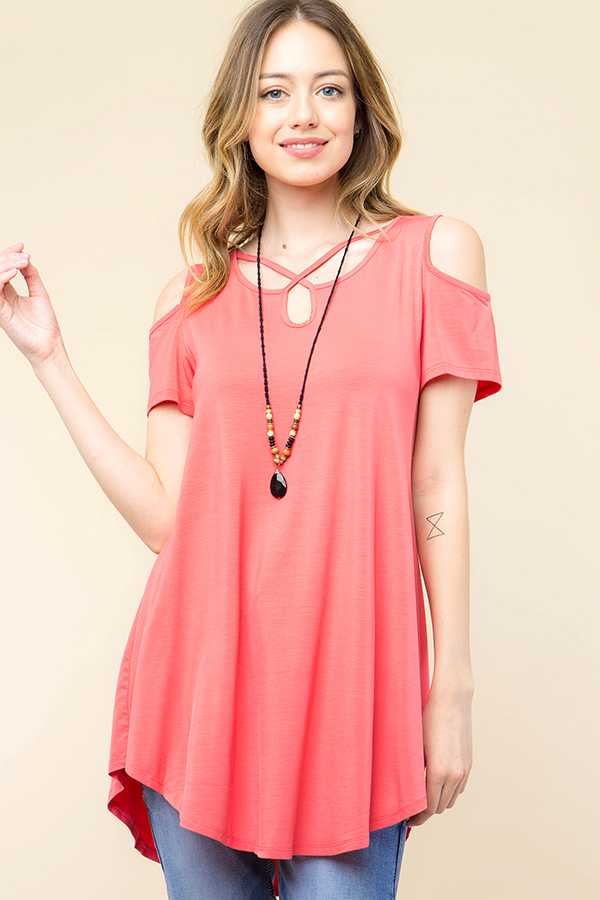 Solid Criss Cross Short Sleeve Cold Shoulder Tunic - tops
