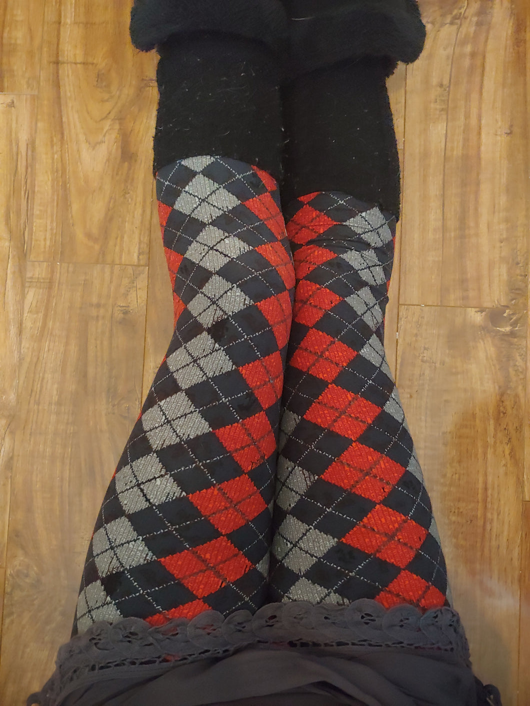 One Size Red, Black & Grey Argyle Print Leggings