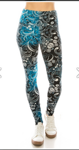OS Teal Abstract Floral Swirl Leggings