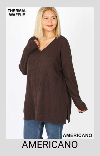 Long Sleeve Waffle Texture Thermal Sweater - tops