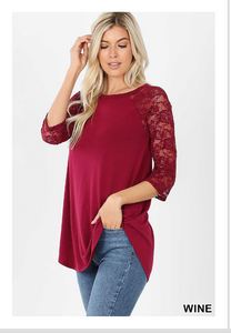 Rounded Neck and Hem Lace Sleeve Tunic - Tops