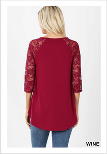 Rounded Neck and Hem Lace Sleeve Tunic - Tops