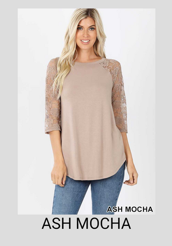 Rounded Neck and Hem Lace Sleeve Tunic - Tops