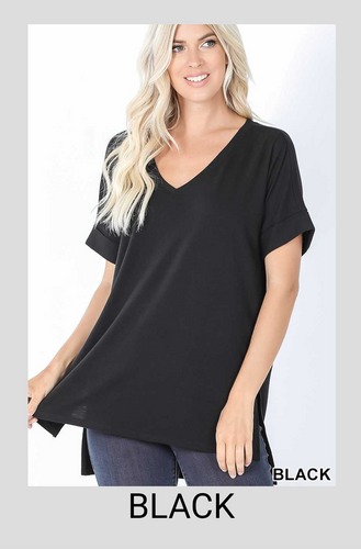 Rolled Short Sleeve V Neck Top - Tops