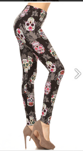 One Size Sugar Skull & Grey Floral Print Leggings on Black Background