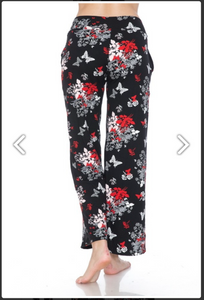 Black, White & Red Floral Butterfly Lounge/Sleep Pant