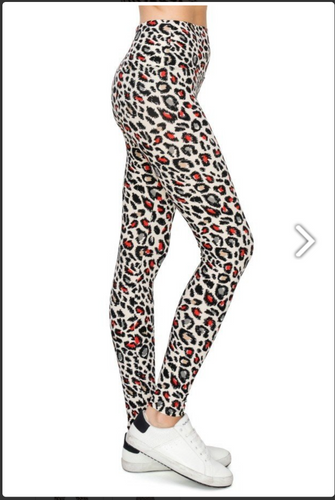 One Size Red & Grey Leopard Print Leggings