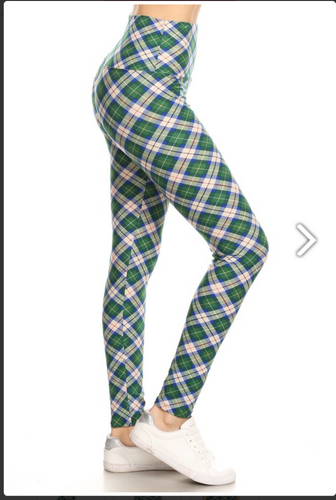 One Size Green Argyle Plaid Print Leggings