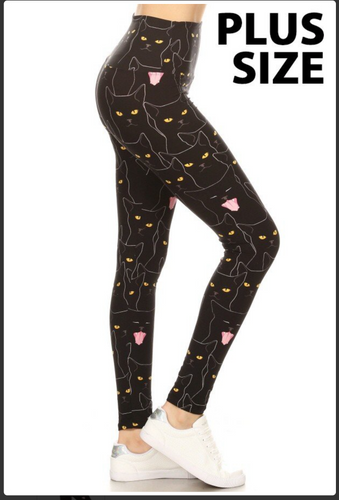 Plus Size Black Cat Print Leggings