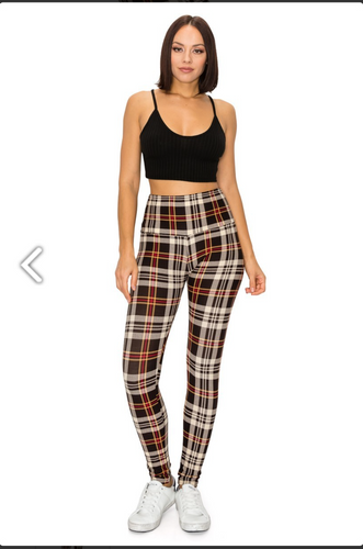 One Size Burgandy/Brown Plaid Leggings