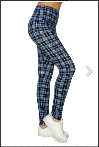 One Size Blue Checkered Plaid Print Leggings