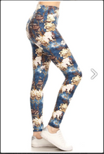 One Size Abstract Floral Print Leggings On A Teal Blue Background