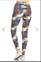 Plus Size Abstract Floral Print Leggings on A Teal Blue Background