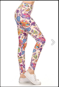 One Size Bright Floral Print Leggings on White Background