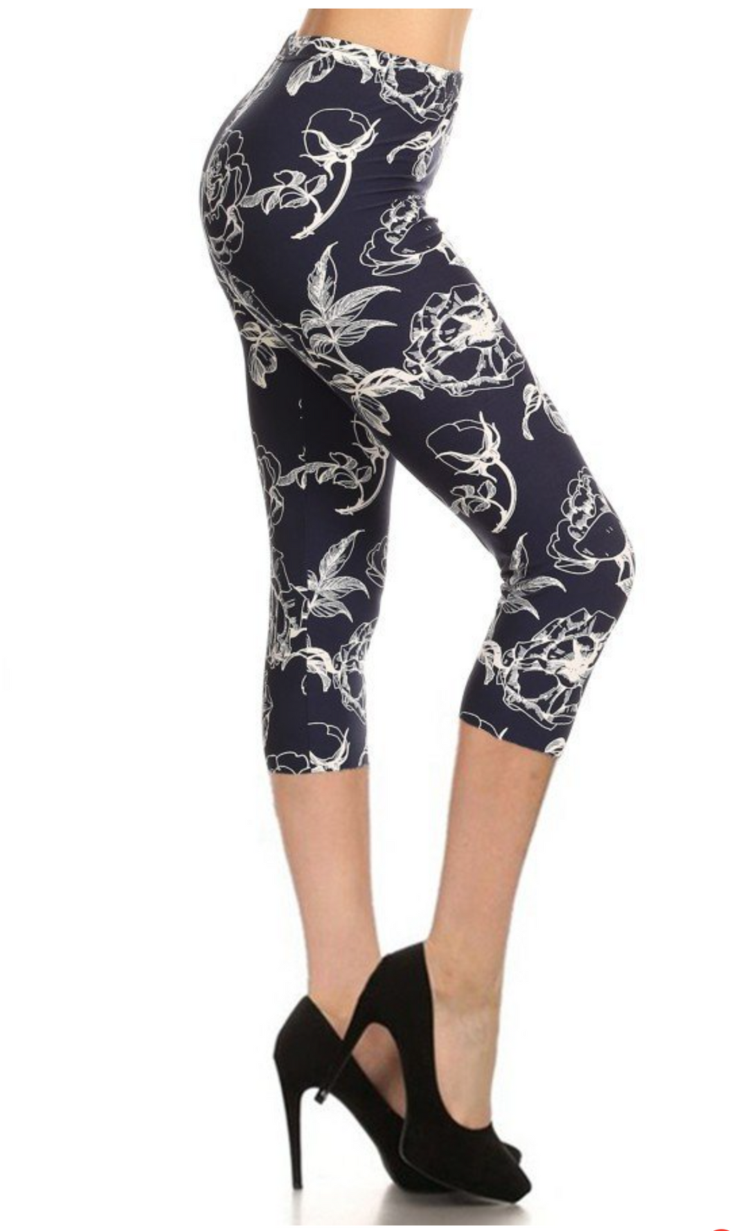 One Size White Floral Print on Blue Background Capris