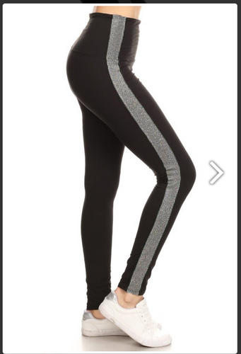 One Size Black Active Leggings with Silver/Grey Side Stripe Detail
