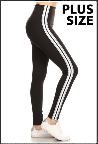 Plus Size Silver, White & Black Detail Stripe Leggings