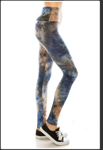 One Size Brown, Blue & White Tie Dye Leggings