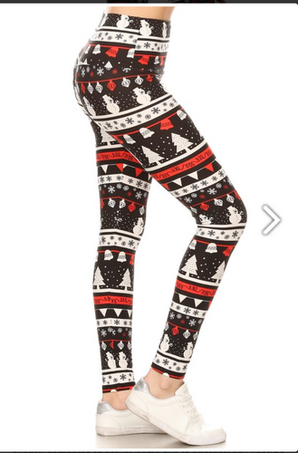 One Size Black, Red & White Snowman Leggings