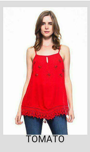 Spaghetti Sleeve Keyhole Top w/Rhinestones - tops