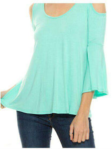 Long Sleeve Cold Shoulder Top in Mint - tops