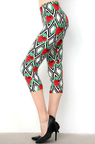 One Size Rose & Diamond Pattern Print Capri Leggings