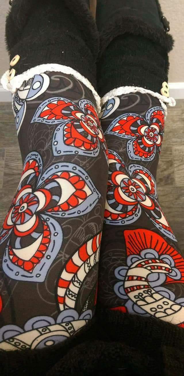One Size Red, White & Blue Floral Paisley Print on Grey & Black Background