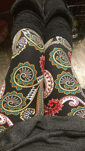 One Size White, Pink & Mint Paisley Print Leggings on Black Background