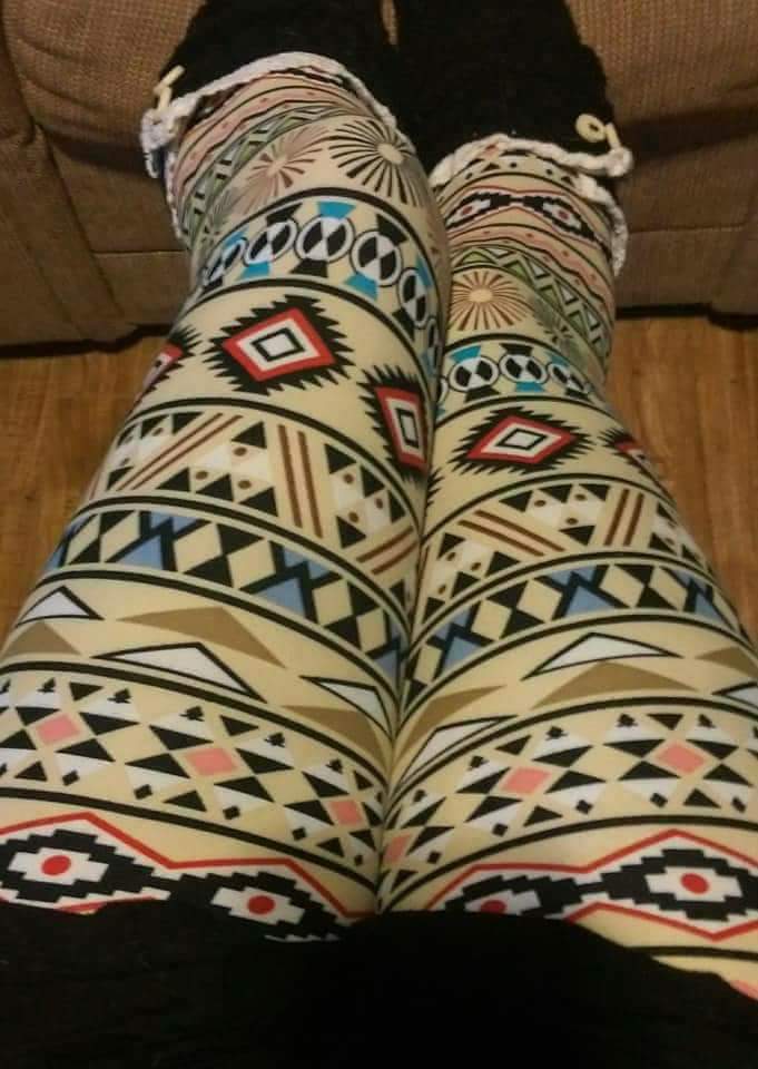 One Size Small Aztec Symbol Striped Leggings on Beige Background