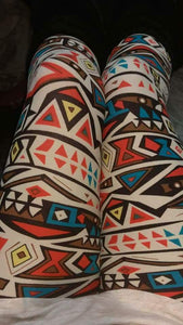 One Size Teal & Coral Aztec Symbol Striped Leggings