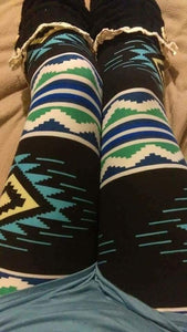 One Size Blue, Green & White Aztec Striped Leggings