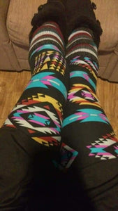 One Size Multi Color Teal, Pink & Grey Aztec Stripe Leggings on Black Background