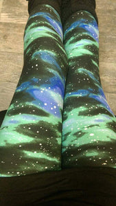 One Size Green Galaxy Print Leggings