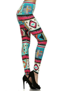 One Size Multi Color Aztec Patch Print Leggings