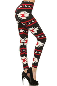 One Size Red Aztec Print Leggings on Black Background