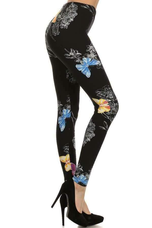 One Size Blue & Yellow Butterfly Print Leggings on Black Background