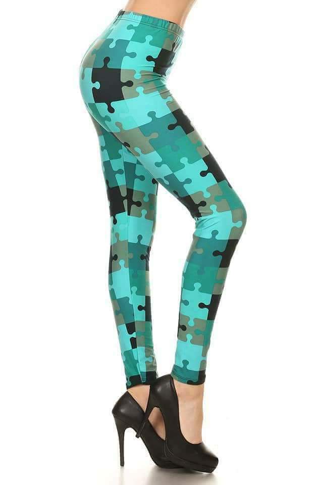 One Size Teal Puzzle Print Leggings