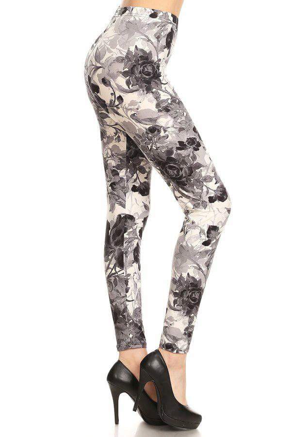 One Size Grey & Black Floral Leggings on White Background