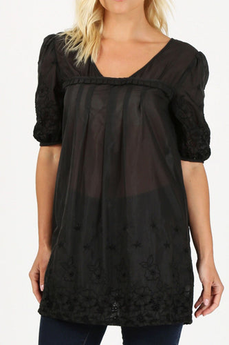 Short Sleeve Crochet Ruffled Top - tops