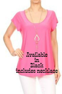 Solid Black Round Neck Top w/necklace - Tops